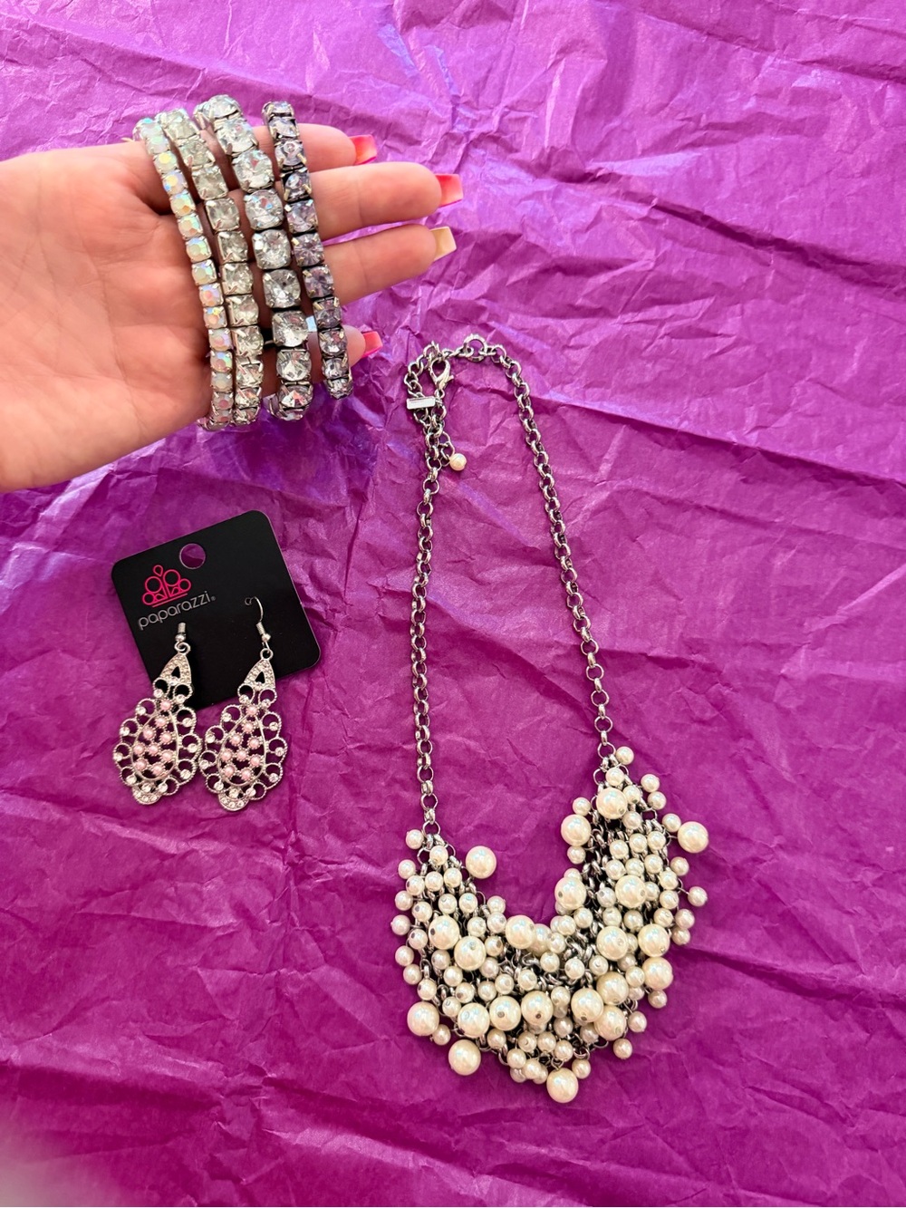 paparazzi Silver Pearl Cluster Necklace with Rhinestone Bracelet Set - White